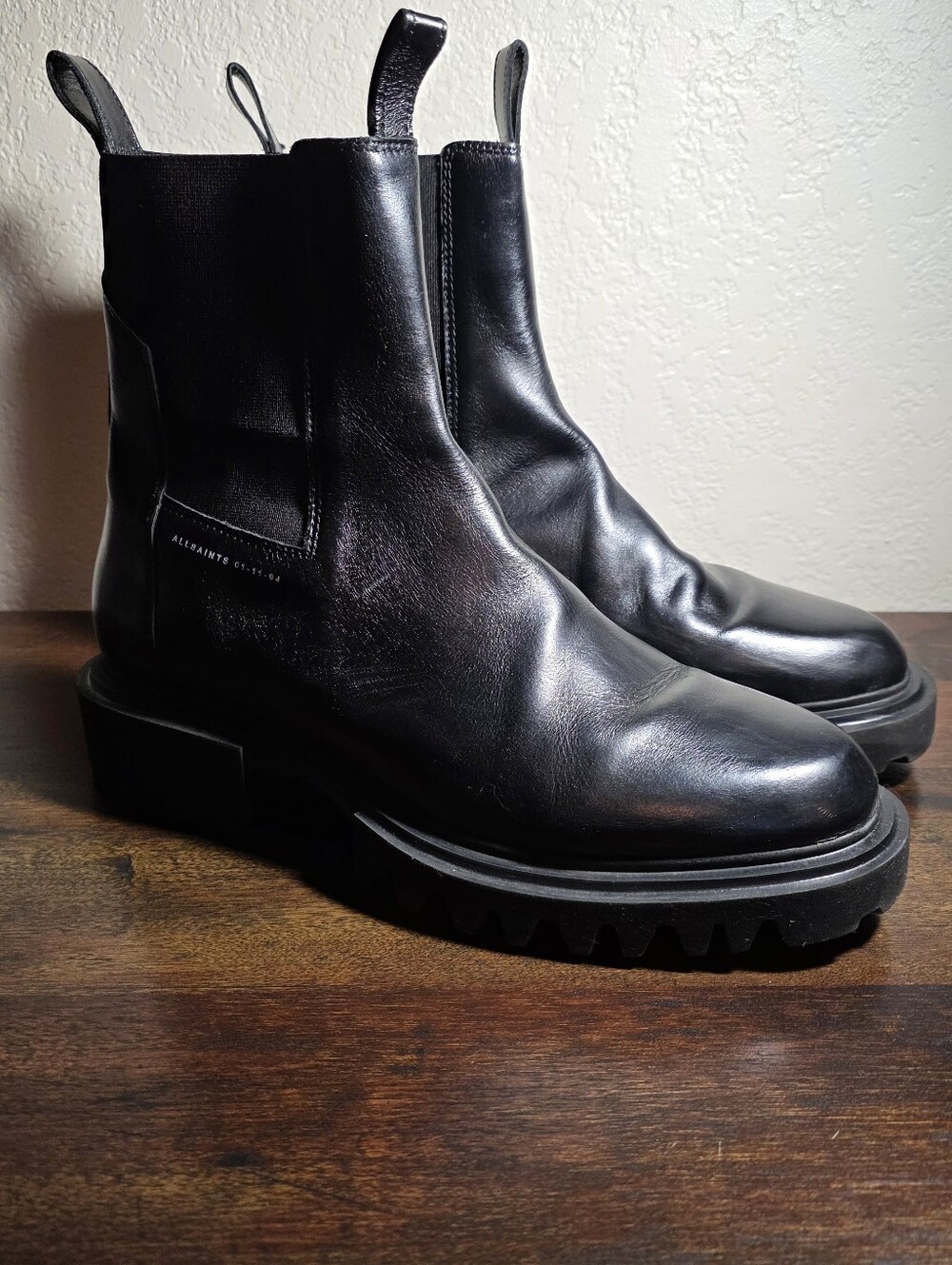 All Saints Hayley Boots Round Toe Chunky Chelsea Black Leather Moto Pull On 10